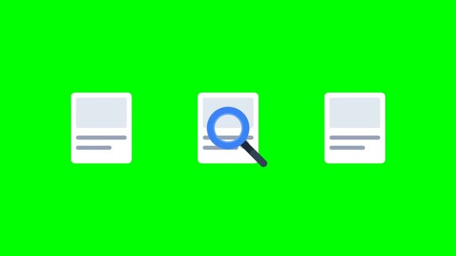 Magnifying glass scanning document icons on green screen animation