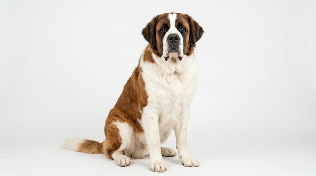 A beautiful and majestic saint bernard dog is sitting calmly and peacefully in a professional studio environment on a simple white backdrop facing