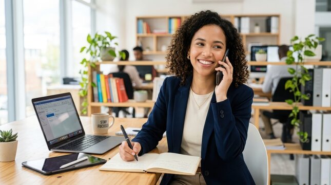 Smiling businesswoman talking on her phone while taking notes at her desk in a modern bright office with a laptop and plants