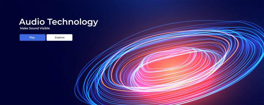 Audio technology landing page design with luminous elliptical rings and colorful flowing lines on a dark blue background. Abstract sound visualization with headline and navigation buttons.