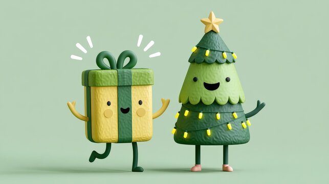 cute gift and christmas tree dancing together with festive lights illustration