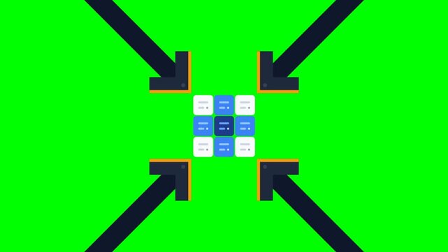 Motion graphics animation featuring corner arrows pointing inward to a grid of square icons on a green chroma key background