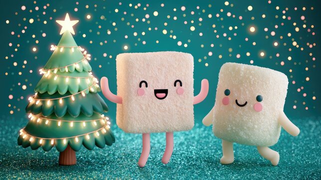 cute marshmallow character dancing beside a decorated christmas tree illustration