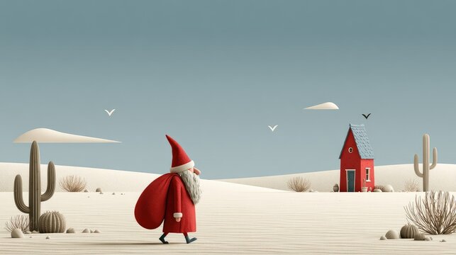 santa walk in desert landscape to a little house christmas illustration