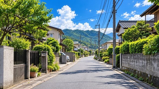Green Japanese Residential Neighborhood with Blue Sky and Summer Mountains