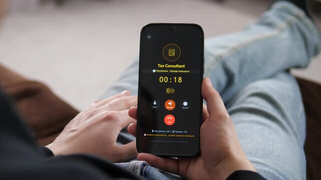 Person speaks with a tax consultant by smartphone, highlighting remote financial advice, filing deadlines, deductions and the growing demand for digital tax support.