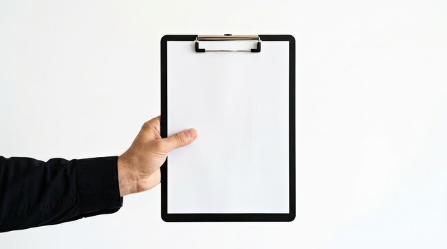 A hand is shown holding and presenting a sleek black clipboard with a clean blank white sheet of paper against a simple white