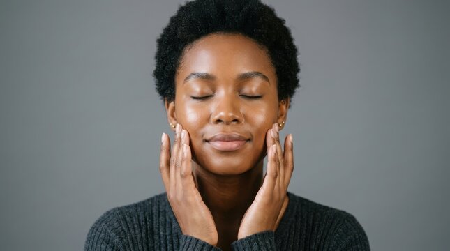 Young black woman with short hair touching her face with eyes closed feeling relaxed and happy with healthy natural skin