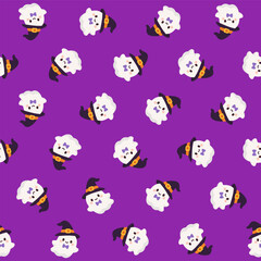 Obraz premium Seamless pattern of cute kawaii Halloween ghosts wearing witch hats and purple bows on purple background