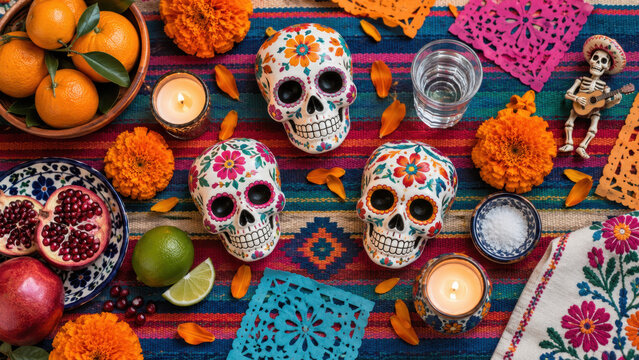 Day of the dead ofrenda with three floral skulls, marigold blossoms, citrus with pomegranate, candles, traditional mexican ancestor offerings on a striped tablecloth