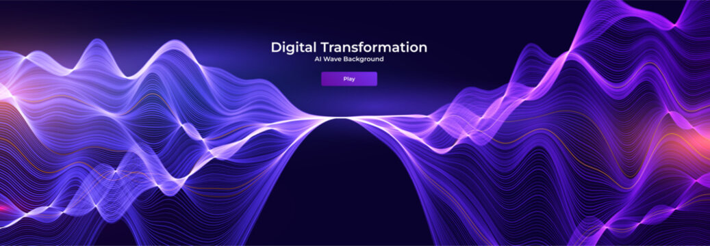 AI Wave Line with Pinch Connect Background. Abstract Neuro Science Research and Digital Transformation. Blue Purple Waving Lines Pink Red Neon Glowing. AI Neuronal Connection. Vector Illustration