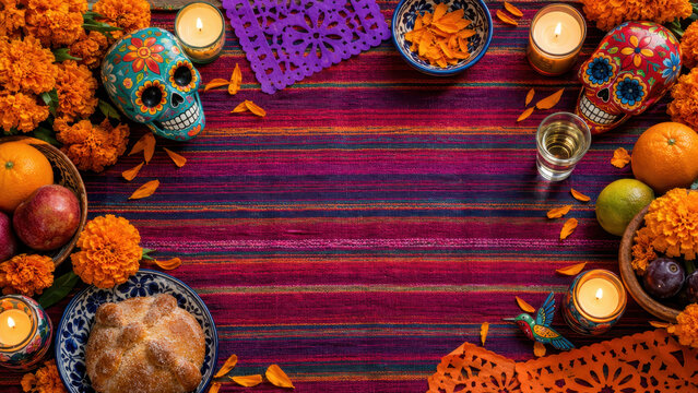 Traditional mexican remembrance altar with painted sugar skulls, marigold flowers, candles, bread fruit offerings on woven textile, ancestral memorial ceremony beside papel picado