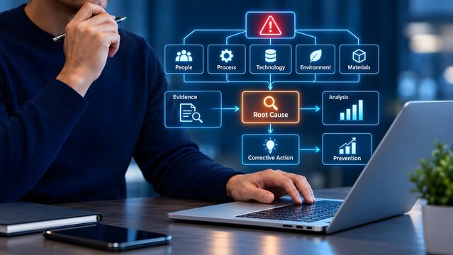 Corporate analyst using a laptop to evaluate a digital root cause analysis flowchart for corrective action and process improvement