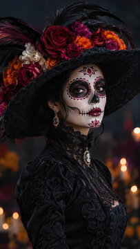 Woman wearing elegant Catrina skull makeup with black floral hat roses marigolds feathers Victorian dress during D&iacute;a de Muertos celebration creating dramatic Mexican cultural