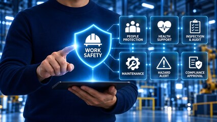 Obraz premium Industrial warehouse manager interacting with a digital work safety hologram interface showing compliance health support and hazard alerts