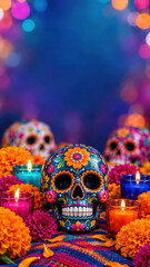 Fototapeta premium Day of the dead greeting layout with sugar skull ofrenda decor, marigold flowers, candle offerings framing blue copy space for a mexican remembrance announcement