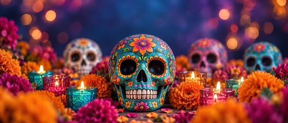 Fototapeta premium Cempasuchil covered ofrenda with decorated sugar skulls, dia de los muertos candle offerings in colorful glass holders, mexican memorial altar centerpiece