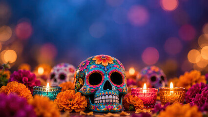 Fototapeta premium Sugar skull ofrenda display with cempasuchil, flower patterns, colored veladoras for day of the dead, festive mexican remembrance decor beneath open blue copy space