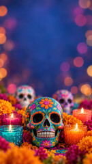 Fototapeta premium Dia de los muertos invitation backdrop with cempasuchil offerings, floral calavera ornament, glass candleholders, generous blue copy space above the festive memorial altar