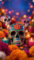 Fototapeta premium Day of the dead altar styling with a flower painted calavera, marigold offerings around glass votive candles, mexican ofrenda centerpiece for ancestor remembrance