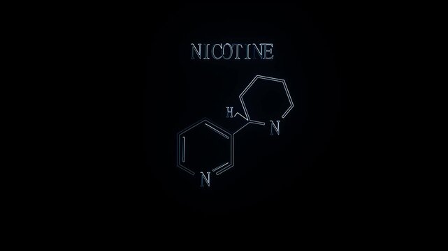 Neon Nicotine Molecular Structure on black Background. glowing chemical formula of Nicotine. Nicotine Molecular Structure Symbol icon Animation.