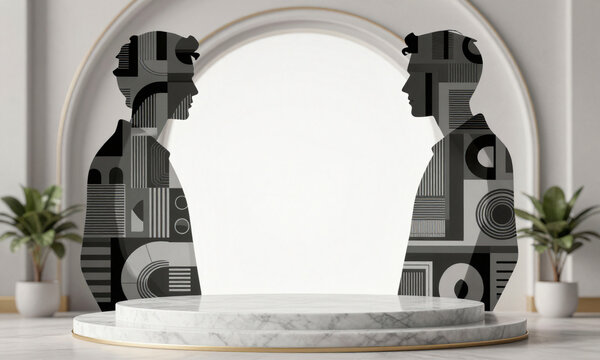 grand marble stage set curved archway backdrop adorned subtle gold accents surrounded two small potted plants