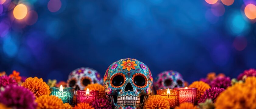Decorated sugar skull altar with marigold flowers, glowing candles among colorful calaveras, memorial ceremony with bokeh lights during autumn night