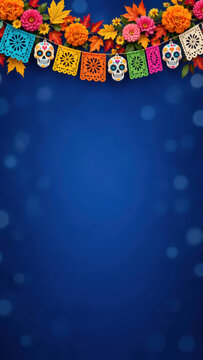 Dia de los Muertos banner with papel picado and marigolds on blue background, festive Day of the Dead garland with sugar skulls cempasuchil, Mexican holiday background with top border and copy space