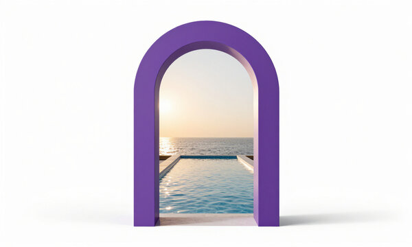 grand intricately designed purple archway frames tranquil pool water gently lapping edges warm golden light