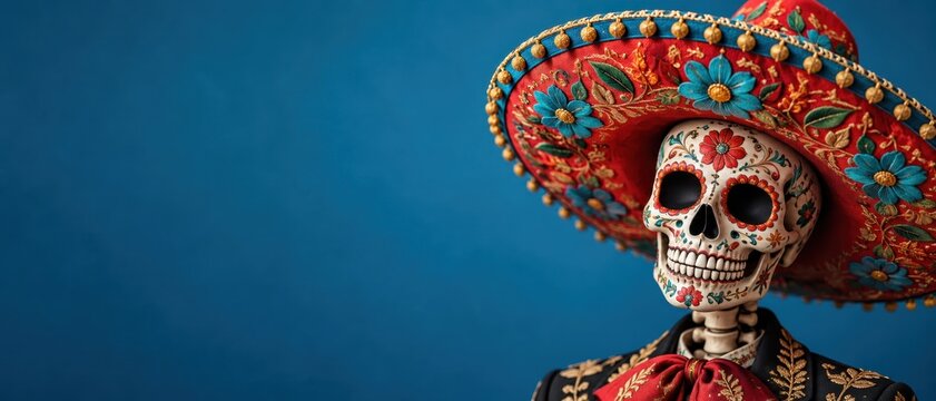 Decorated skull wearing embroidered sombrero on blue background, traditional mexican memorial festival costume, floral face paint, ancestral remembrance celebration