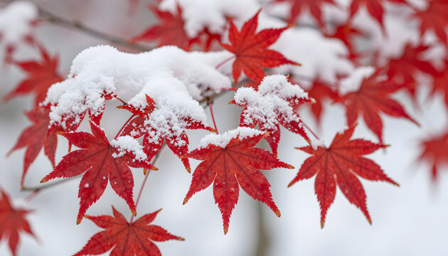 Bright red maple leaves covered with the first thin layer of snow
