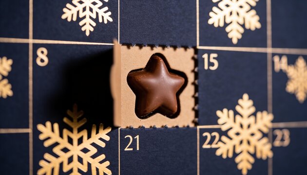 Opening a door of festive Christmas advent calendar revealing star shaped chocolate candy, holiday countdown and sweet seasonal celebration surprise