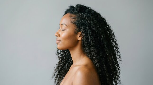 Beautiful young african american woman with long curly hair and closed eyes looking calm and peaceful in a studio portrait shot