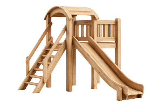 Realistic wooden outdoor playset with climbing steps and slide for children's playground