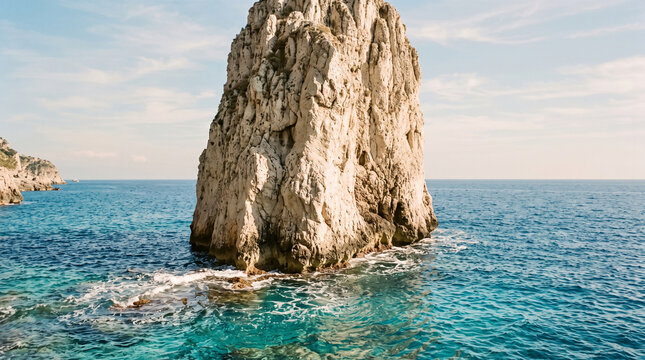 faraglioni rock rising from blue water in sea