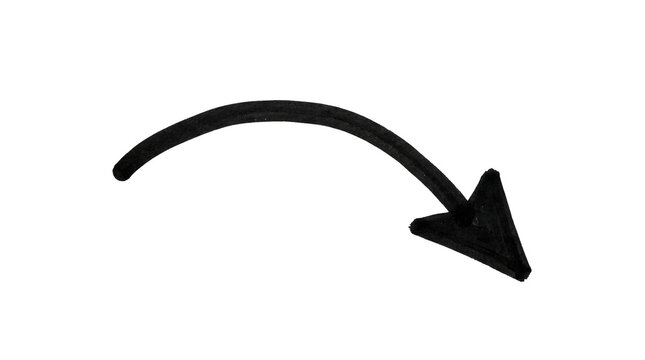 Hand-drawn black curved arrow pointing downwards and to the right on a simple grey and white background.
