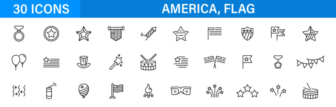 American patriotic line icon set. USA celebration and national symbols. Vector icons collection