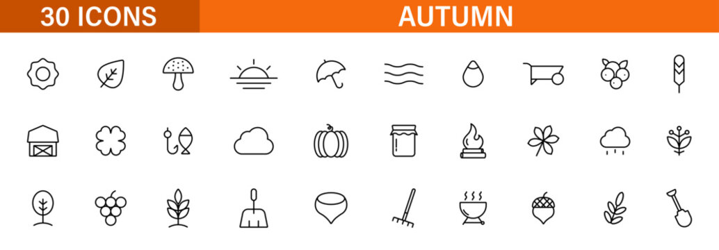 Autumn nature line icon set. Seasonal weather and harvest symbols. Vector icons collection