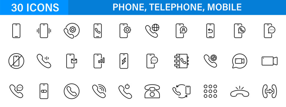 Phone communication line icon set. Mobile call and messaging symbols. Vector icons collection