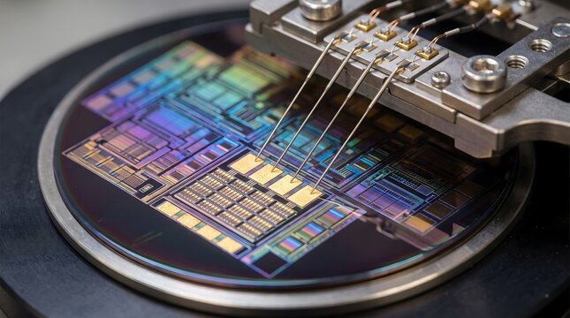 Probe station for silicon wafers: testing microchip circuits during the automated semiconductor manufacturing process (close-up). AI generatwd.