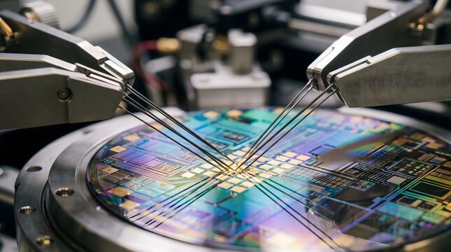 Probe station for silicon wafers: testing microchip circuits during the automated semiconductor manufacturing process (close-up). AI generatwd.