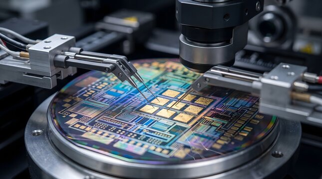 Probe station for silicon wafers: testing microchip circuits during the automated semiconductor manufacturing process (close-up). AI generatwd.