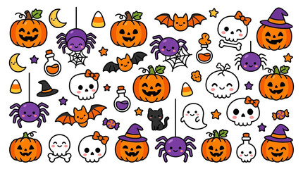 Fototapeta premium Cute Halloween vector elements pattern with pumpkins, friendly ghosts, skulls, bats, and spiders