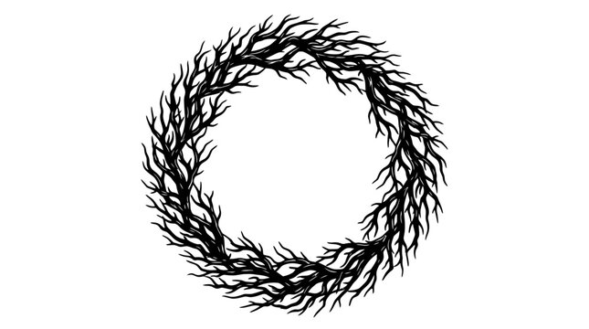 Black tree branch wreath silhouette frame circle design element isolated on white background