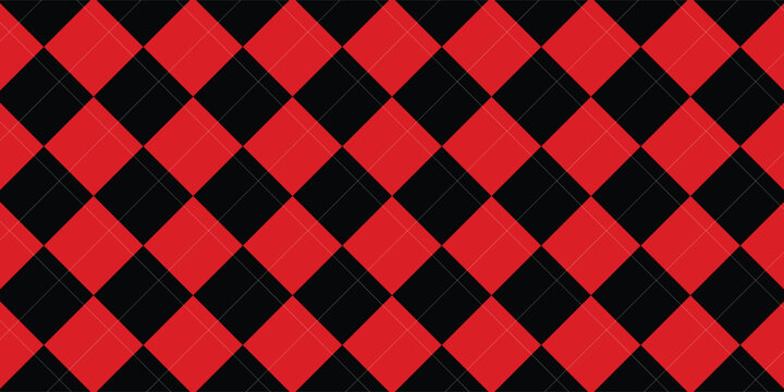 Harlequin red and black seamless pattern. Argyle diamond fabric texture. Classic lozenge simple background with gold line. Joker venetian rhombus carnival ornament bg. Vector design illustration.