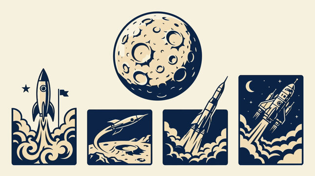 Vector set of vintage retro space rocket launch illustrations and moon elements in retro engraving style