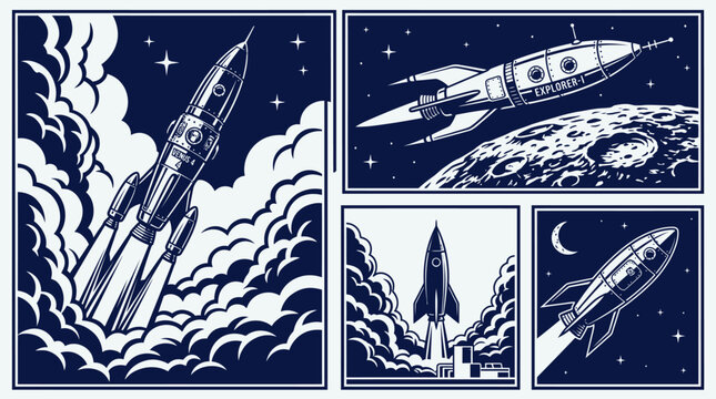 Retro space rocket illustration set with vintage spaceships launching through clouds and exploring the moon