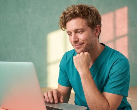 Relaxed male nurse in teal scrubs resting chin on fist while browsing laptop