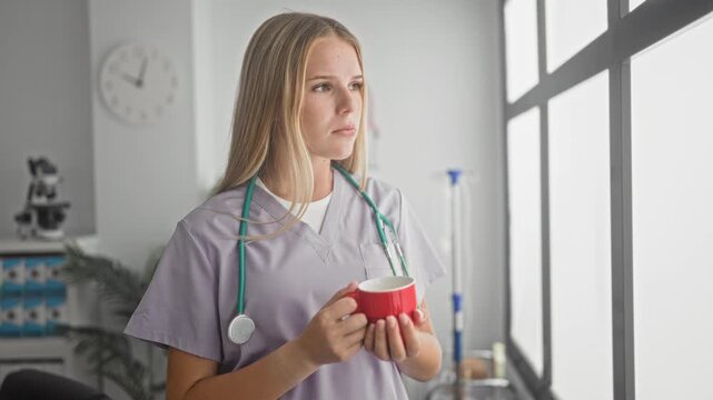 Woman doctor with stethoscope holding red coffee mug and looking out bright window in clinic building; quiet fatigue.