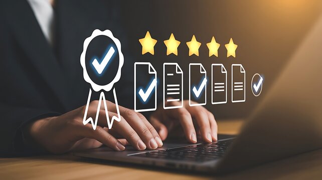 Businesswoman typing on a laptop with quality assurance guarantee badge and five stars review rating icons